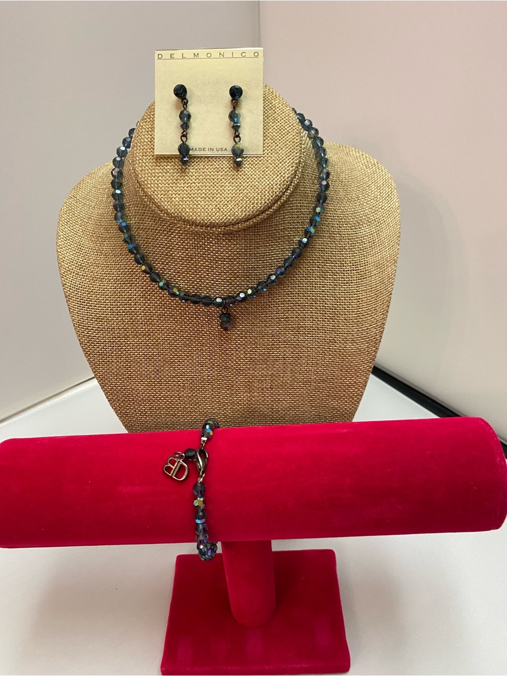 Delmonico Blue Iridescent crystal bead Necklace Set earrings necklace bracelet